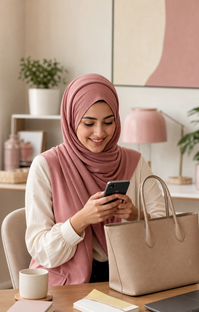 امرأة تستخدم هاتفها وبجوارها حقيبة يد نسائية