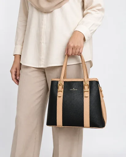 Women's Faux Leather Hand and Shoulder Bag with 3 Compartments and Extra Strap