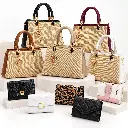 Women’s Faux Leather & Fabric Hand and Shoulder Bag Set with Key-and-Rose Charm on a Chain and Your Choice of Wallet