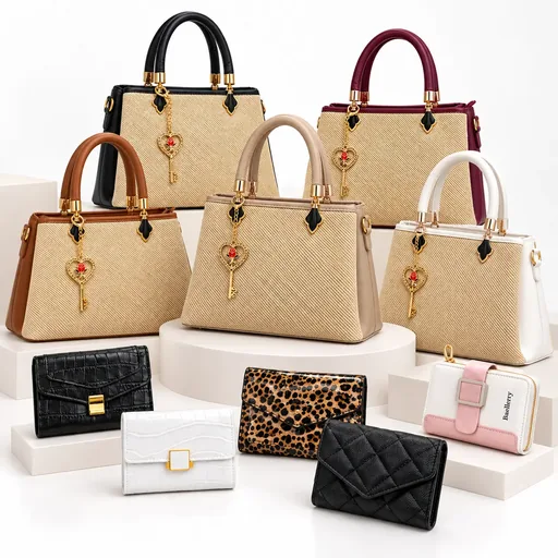 Women’s Faux Leather & Fabric Hand and Shoulder Bag Set with Key-and-Rose Charm on a Chain and Your Choice of Wallet