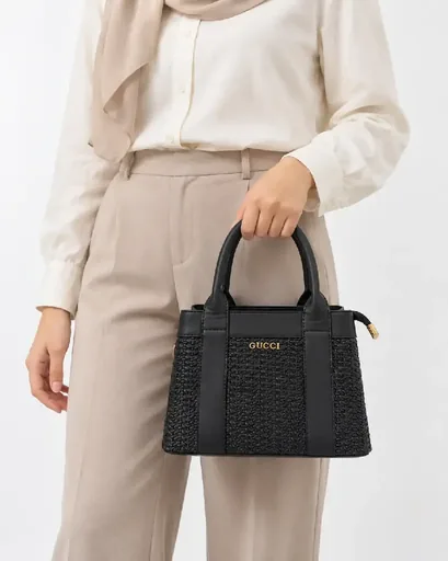 Women’s Faux Leather Top-Handle Handbag with a Raised Interlaced Pattern