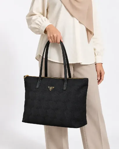 Mosaic Large Canvas and Faux Leather Tote Bag with Interlaced Geometric Pattern