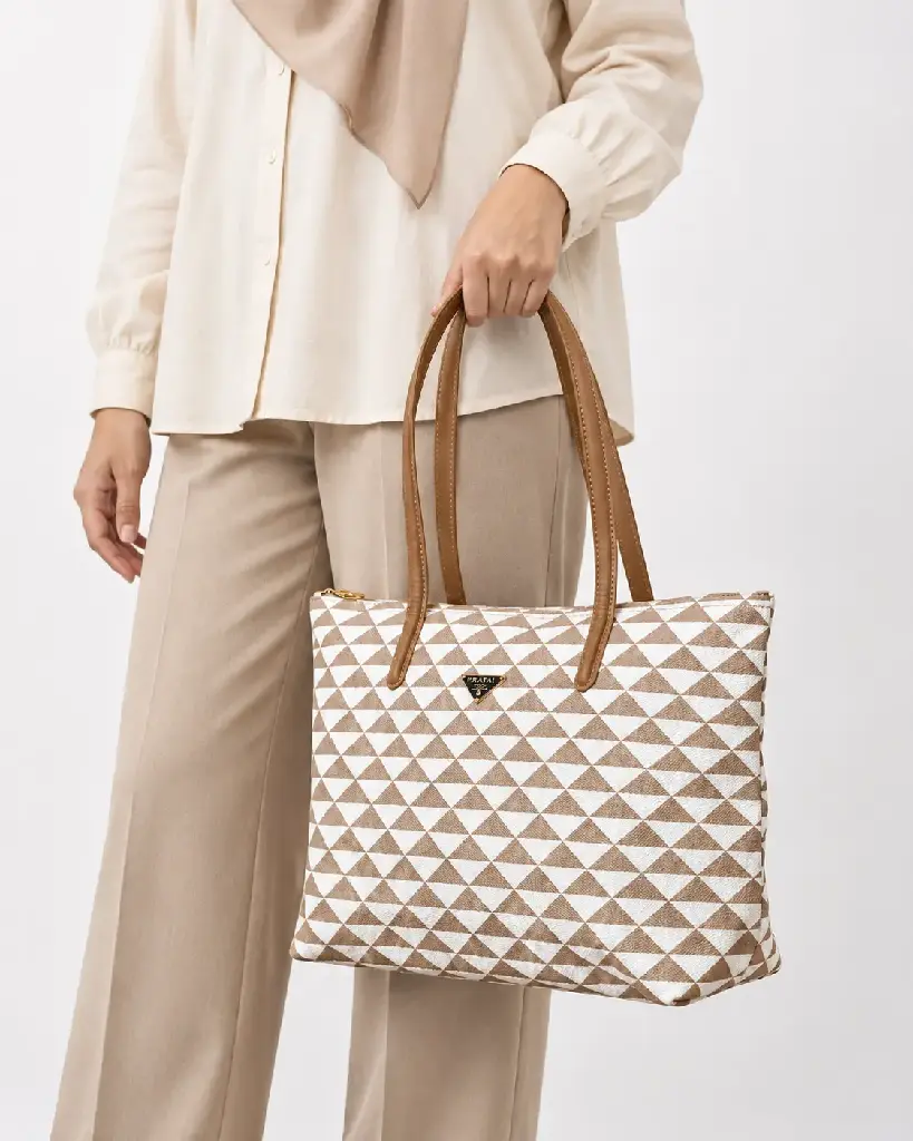 Mosaic Large Canvas and Faux Leather Tote Bag with Interlaced Geometric Pattern