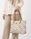 Mosaic Large Canvas and Faux Leather Tote Bag with Interlaced Geometric Pattern