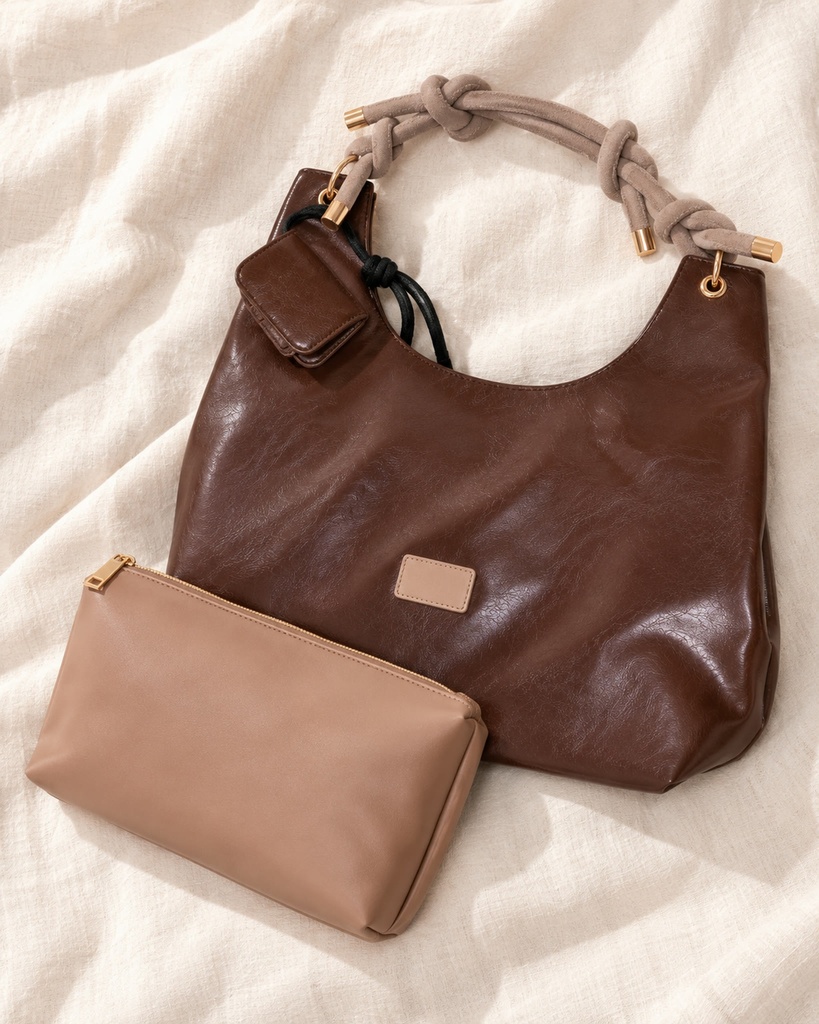 Women's Soft Faux Leather Hobo Shoulder Bag Set with Zip Pouch and Mini Bag