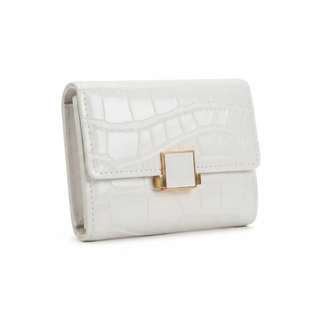 Women’s White Faux Leather Wallet with Croc Embossing and Square Clasp