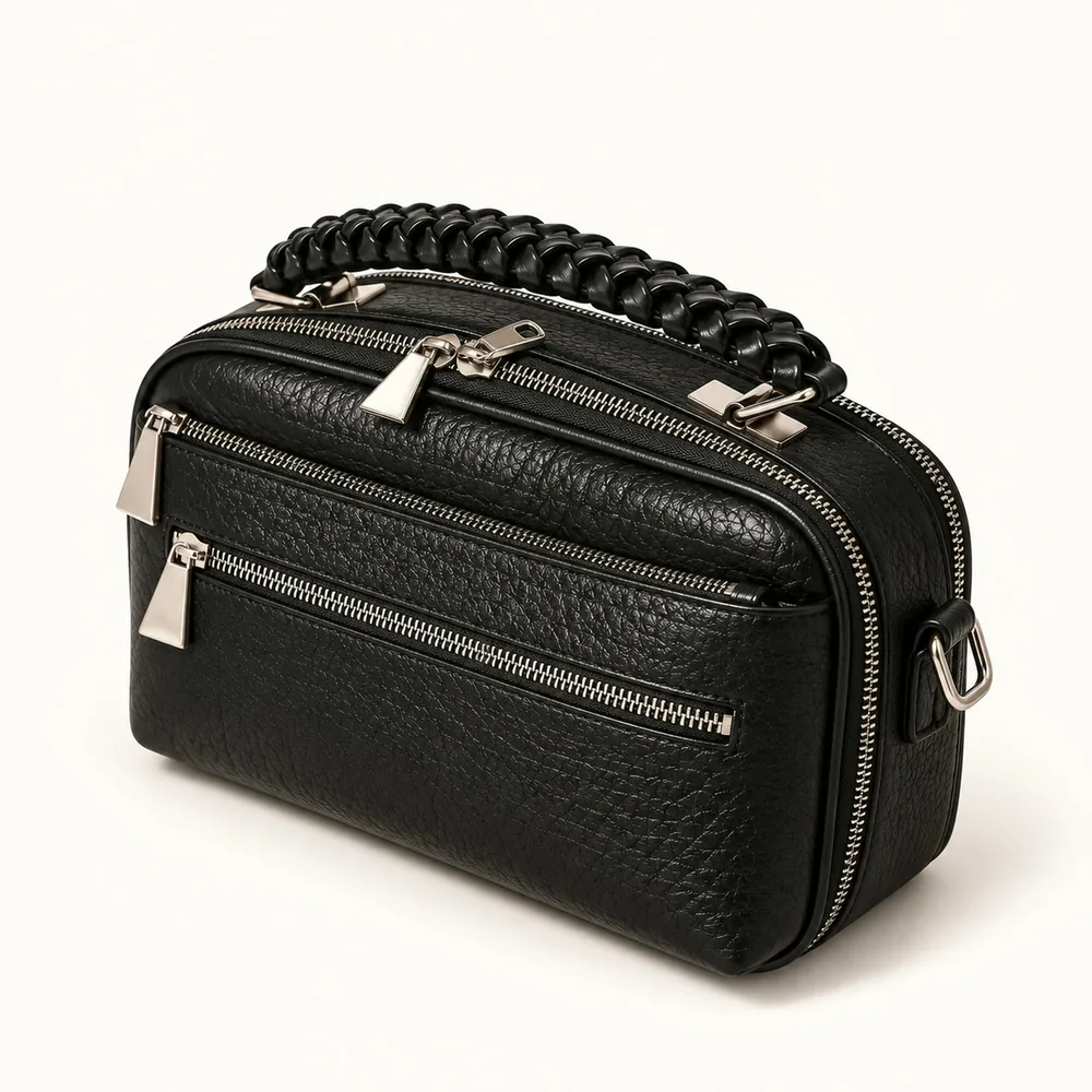 Women's Pebbled Faux Leather Camera Crossbody Bag with Two Zip Compartments