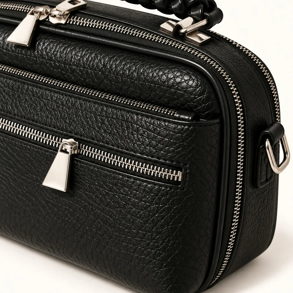 Women's Pebbled Faux Leather Camera Crossbody Bag with Two Zip Compartments