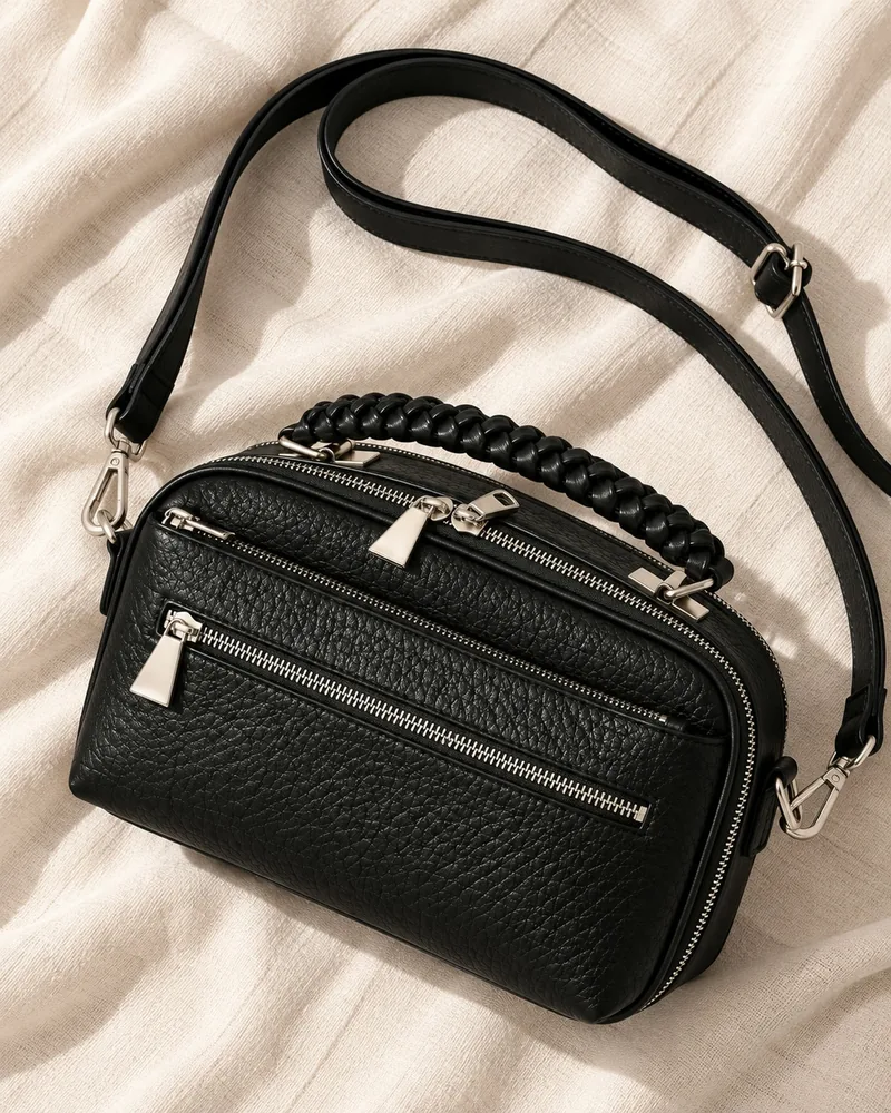 Women's Pebbled Faux Leather Camera Crossbody Bag with Two Zip Compartments