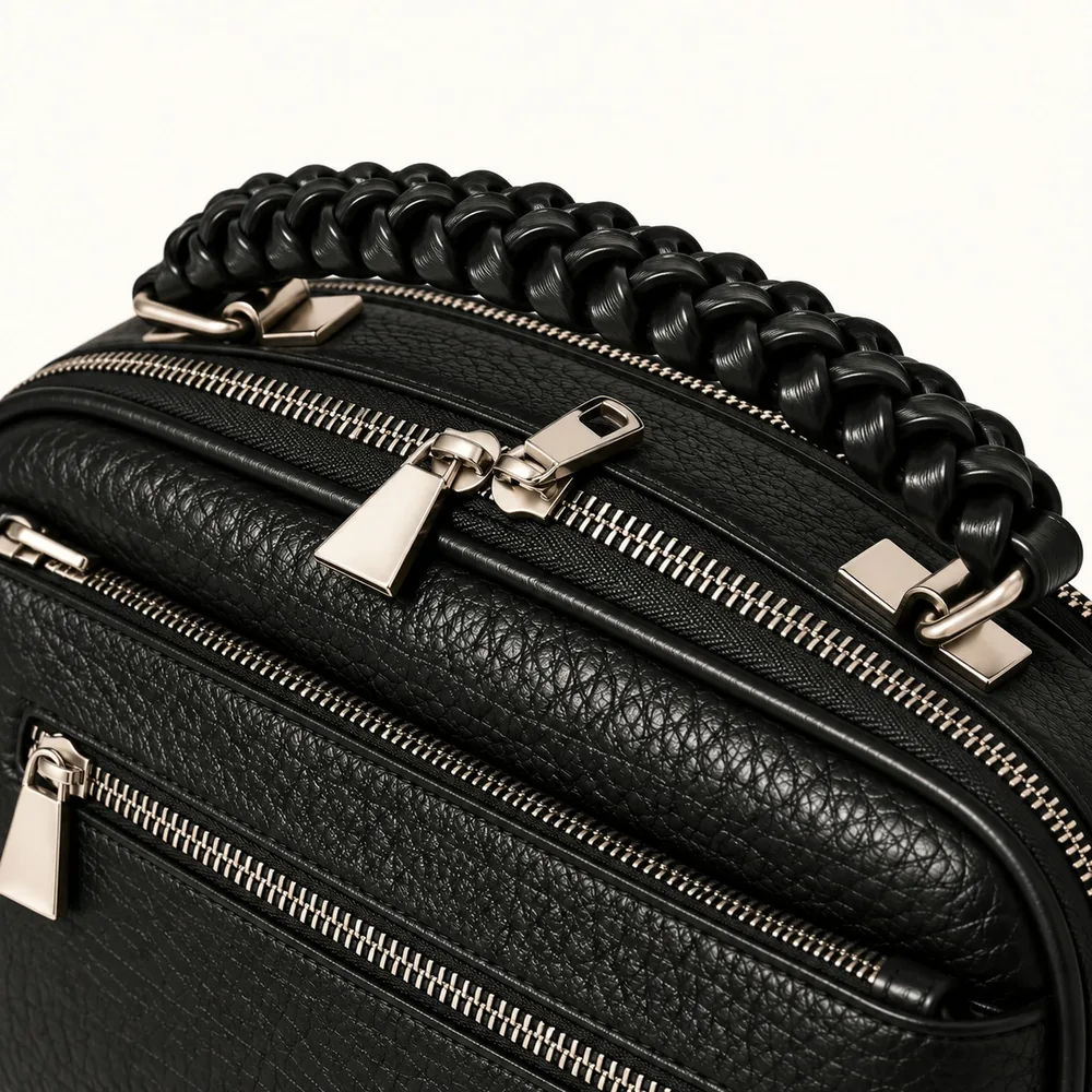 Women's Pebbled Faux Leather Camera Crossbody Bag with Two Zip Compartments