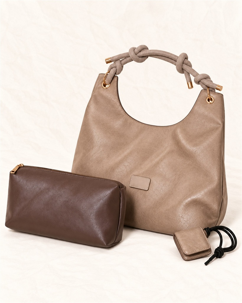 Women's Soft Faux Leather Hobo Shoulder Bag Set with Zip Pouch and Mini Bag