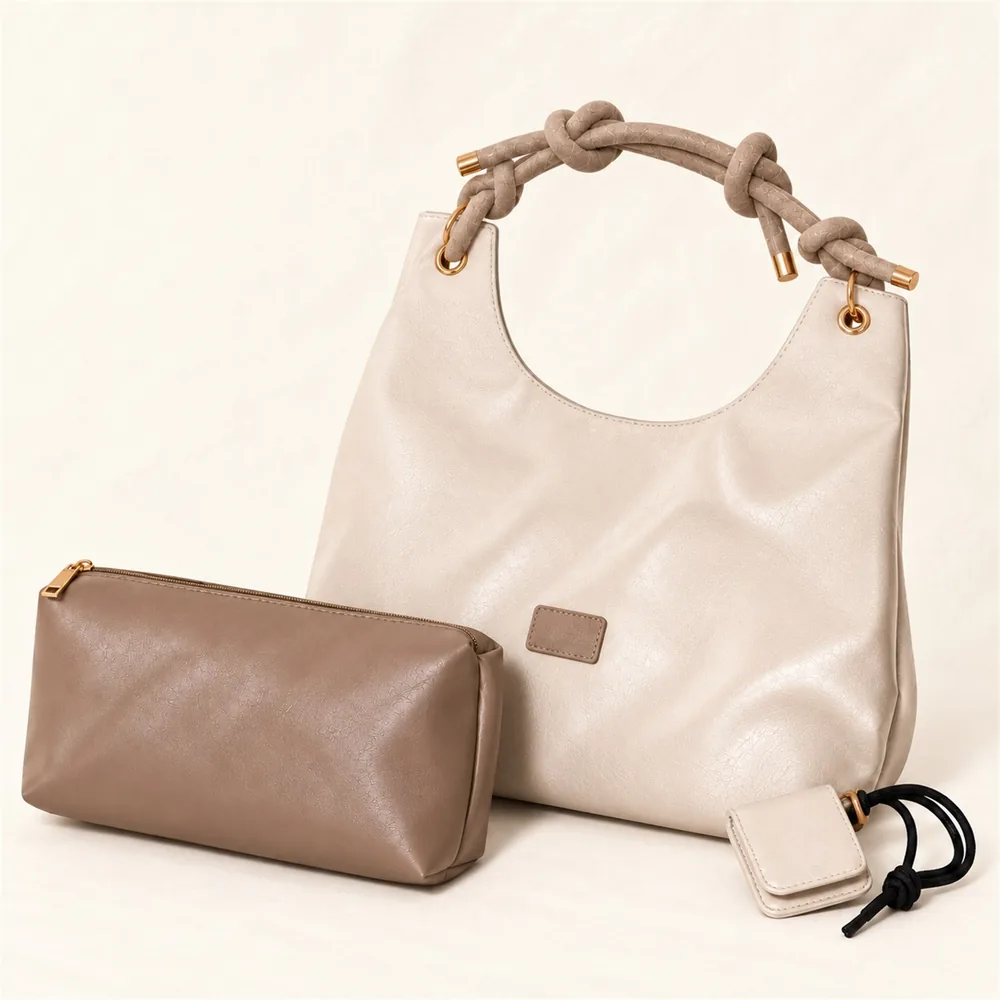 Women's Soft Faux Leather Hobo Shoulder Bag Set with Zip Pouch and Mini Bag
