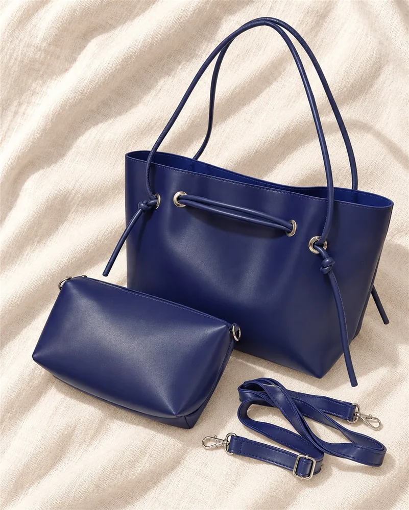 Women's Large Faux Leather Drawstring Bucket Shopper Bag with Zip Pouch