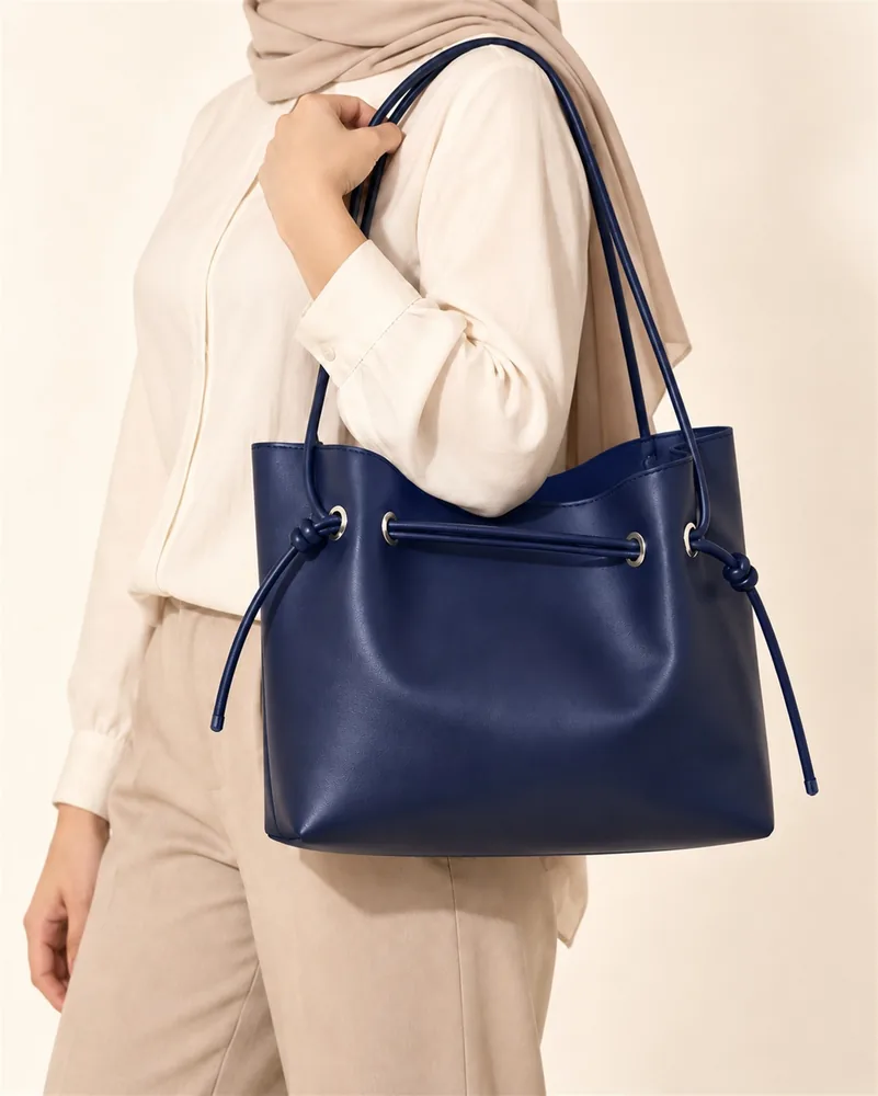 Women's Large Faux Leather Drawstring Bucket Shopper Bag with Zip Pouch