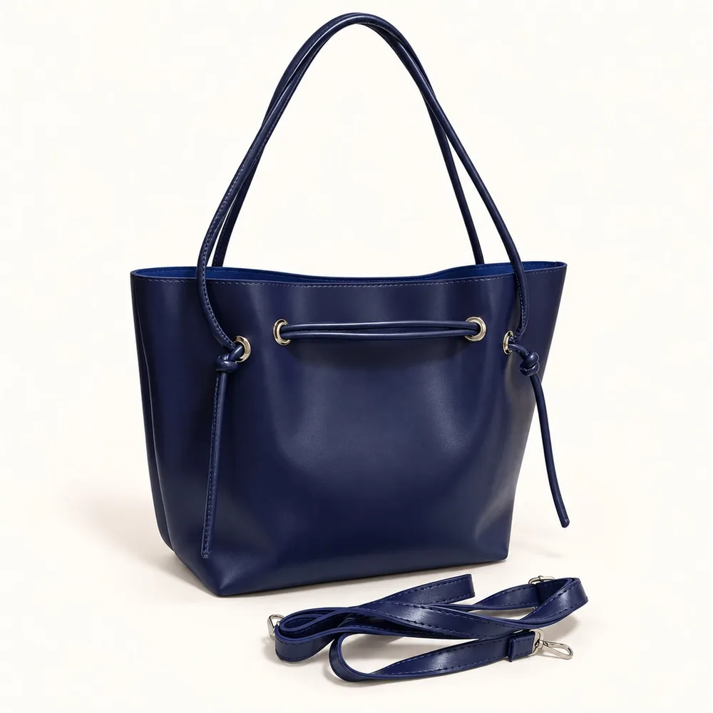 Women's Large Faux Leather Drawstring Bucket Shopper Bag with Zip Pouch