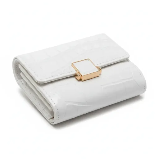 Women’s White Faux Leather Wallet with Croc Embossing and Square Clasp