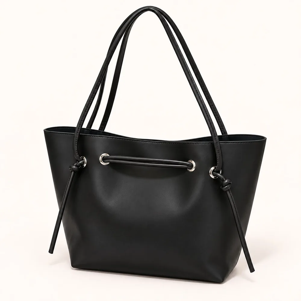 Women's Large Faux Leather Drawstring Bucket Shopper Bag with Zip Pouch