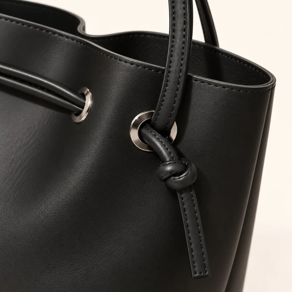 Women's Large Faux Leather Drawstring Bucket Shopper Bag with Zip Pouch