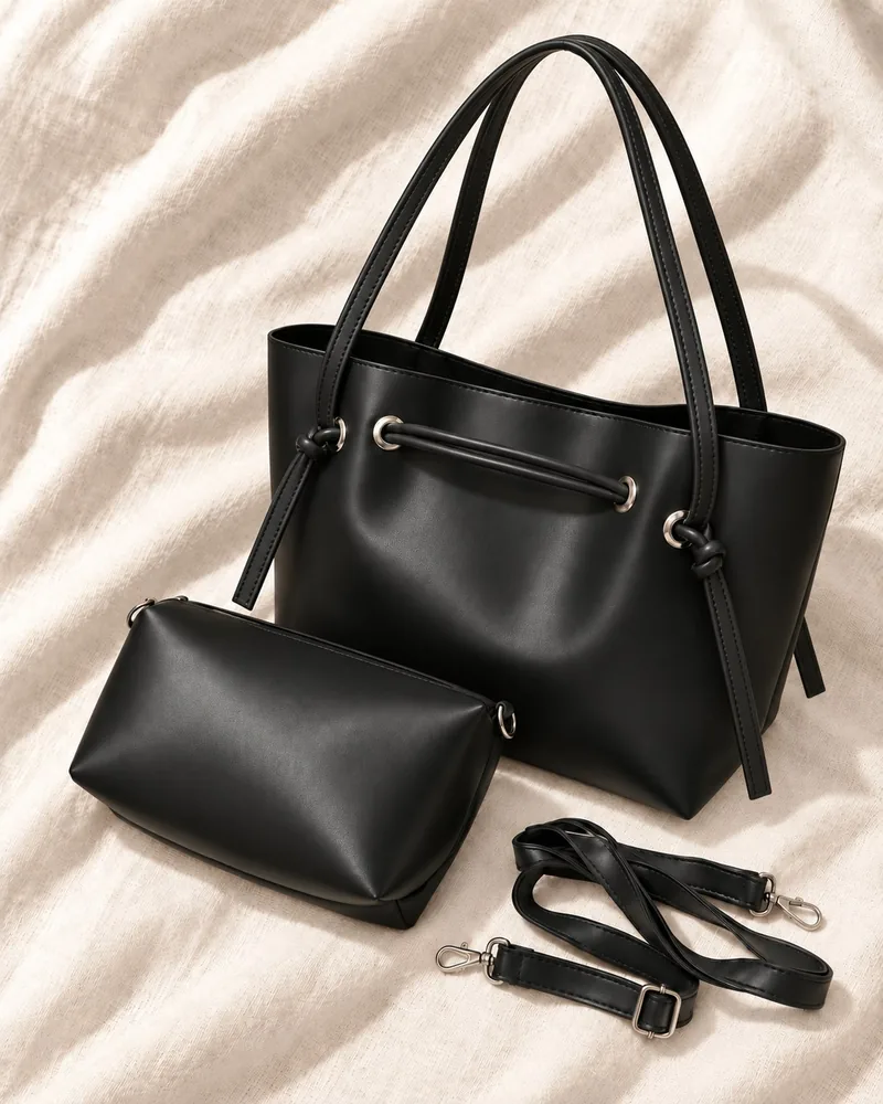 Women's Large Faux Leather Drawstring Bucket Shopper Bag with Zip Pouch