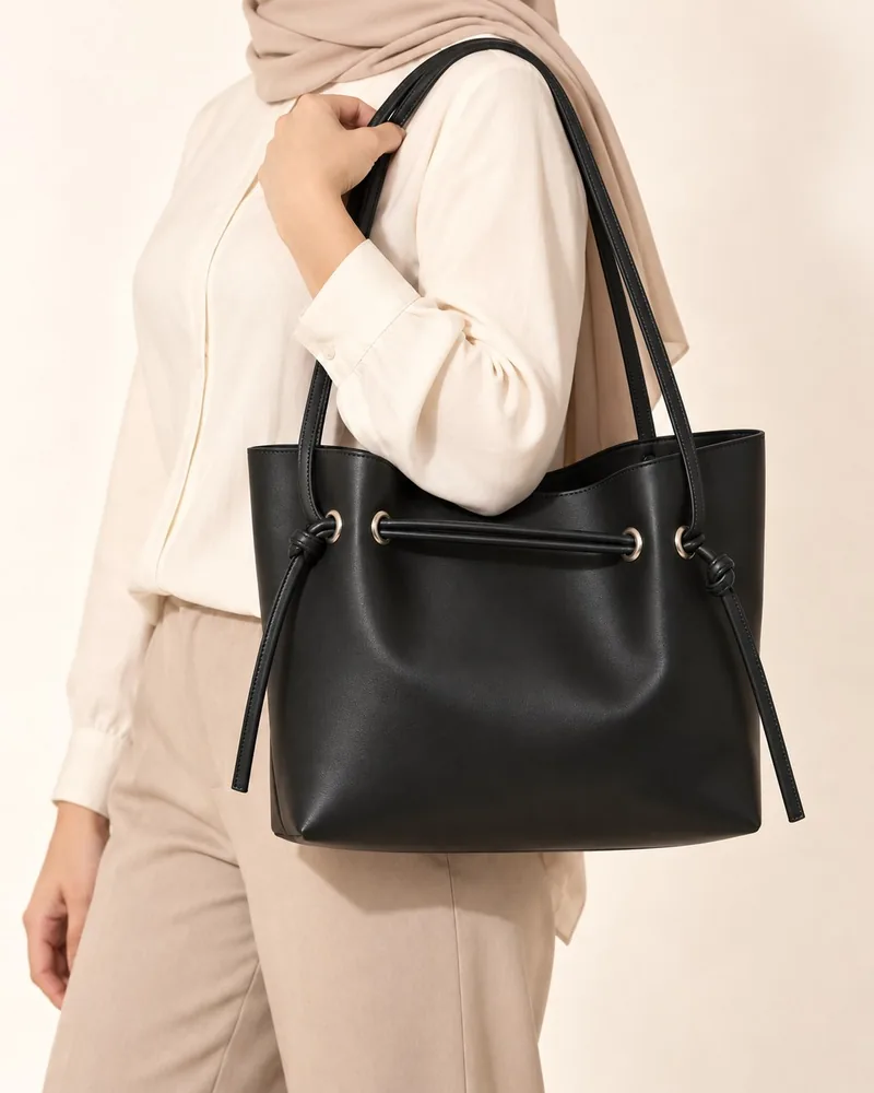 Women's Large Faux Leather Drawstring Bucket Shopper Bag with Zip Pouch