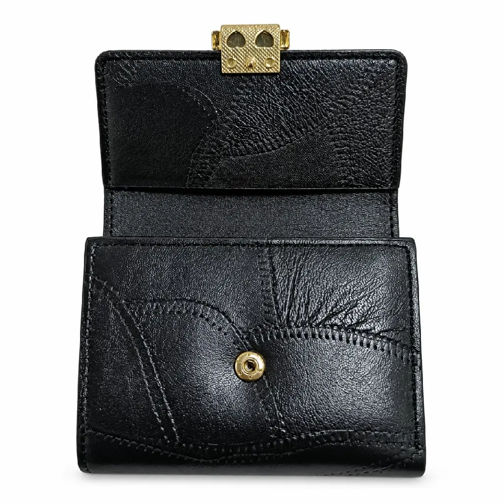 Women’s Faux Leather Wallet with Cross-Stitch Detailing and Gold-Tone Clasp