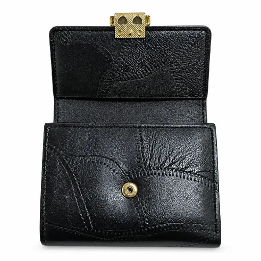 Women’s Faux Leather Wallet with Cross-Stitch Detailing and Gold-Tone Clasp