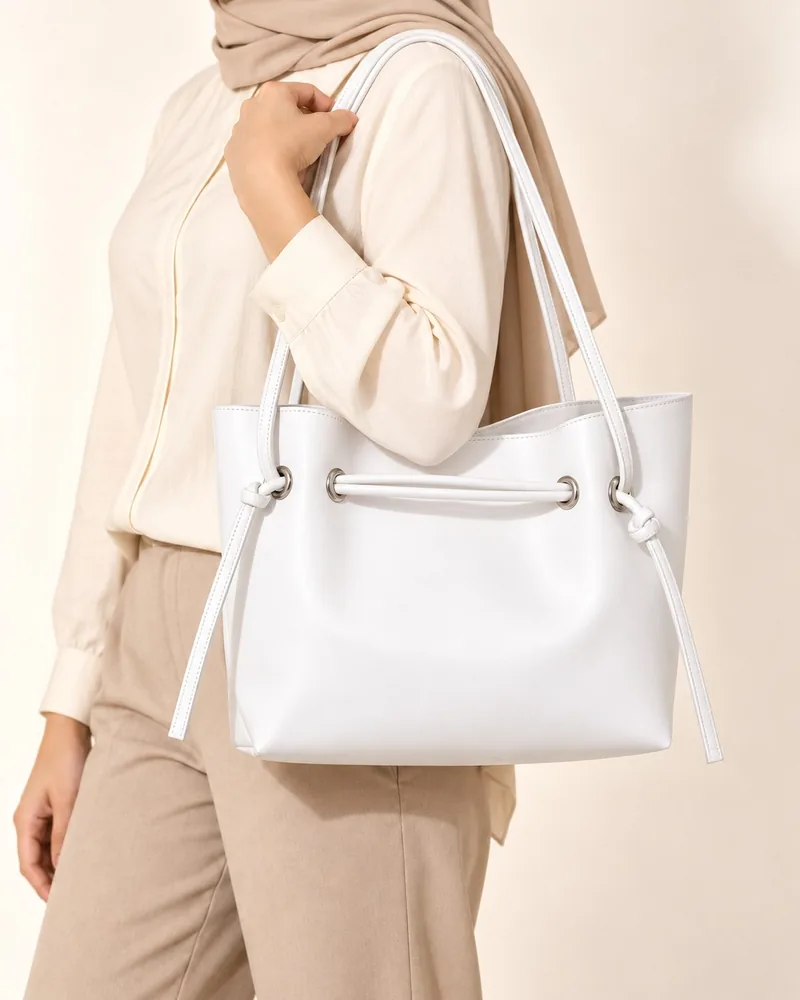 Women's Large Faux Leather Drawstring Bucket Shopper Bag with Zip Pouch