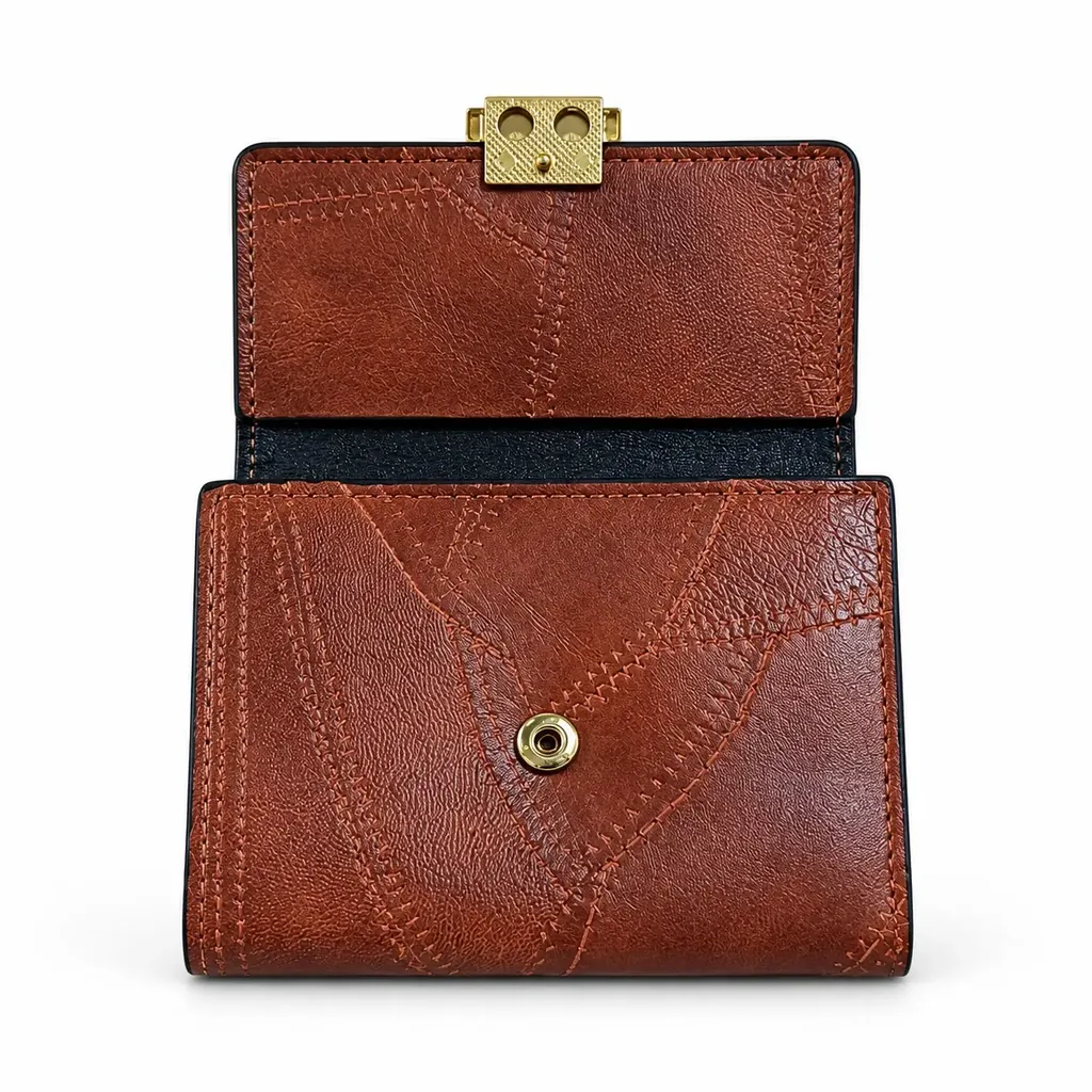 Women’s Faux Leather Wallet with Cross-Stitch Detailing and Gold-Tone Clasp