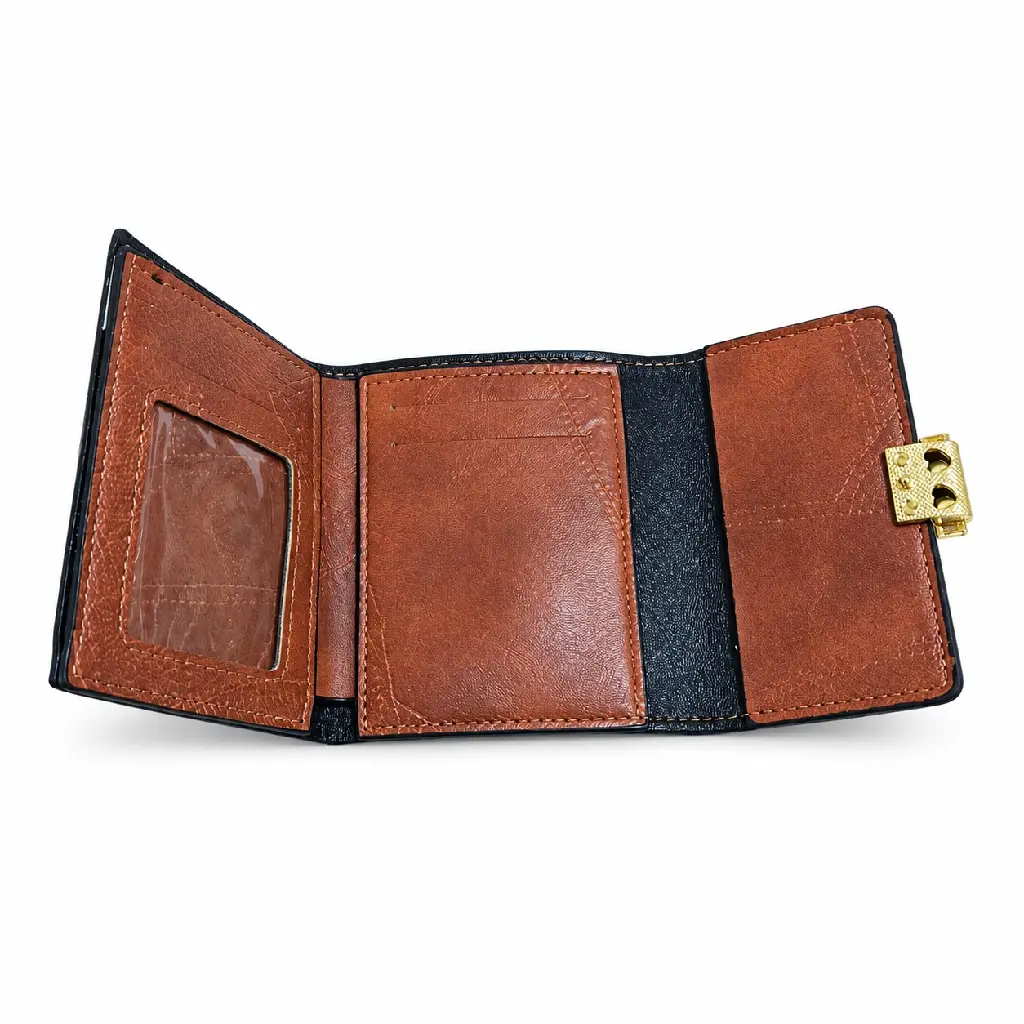 Women’s Faux Leather Wallet with Cross-Stitch Detailing and Gold-Tone Clasp