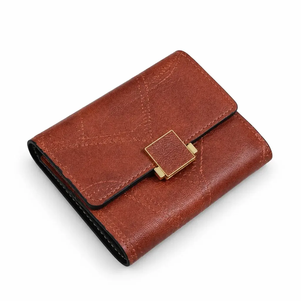 Women’s Faux Leather Wallet with Cross-Stitch Detailing and Gold-Tone Clasp
