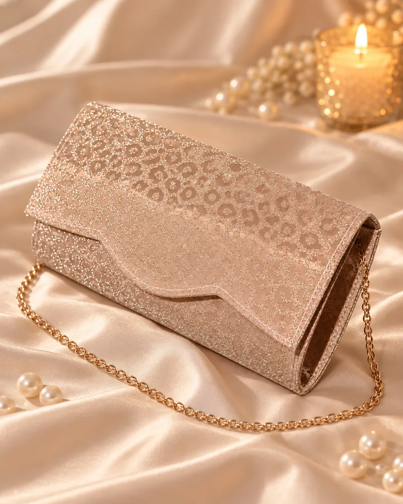 Women's Leopard Glitter Scalloped Flap Evening Clutch with Chain Strap