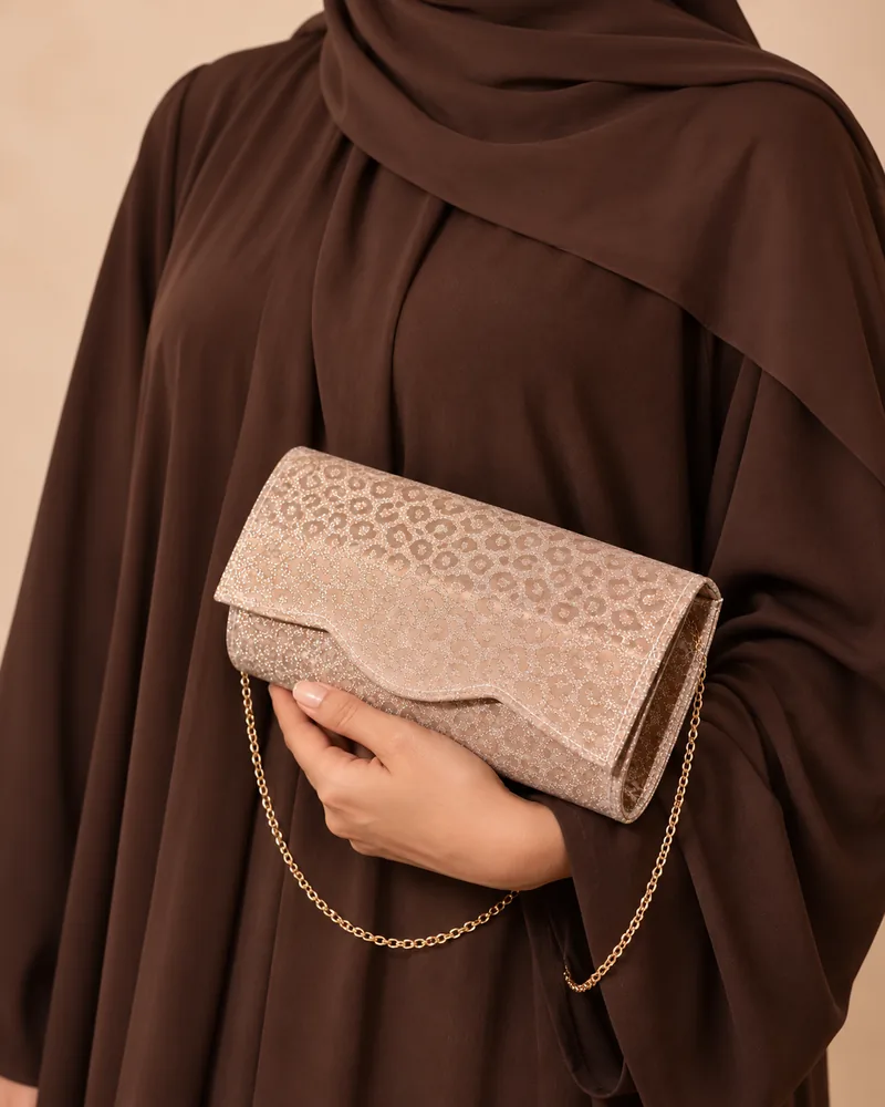 Women's Leopard Glitter Scalloped Flap Evening Clutch with Chain Strap