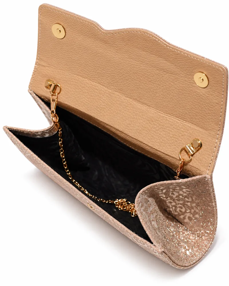 Women's Leopard Glitter Scalloped Flap Evening Clutch with Chain Strap