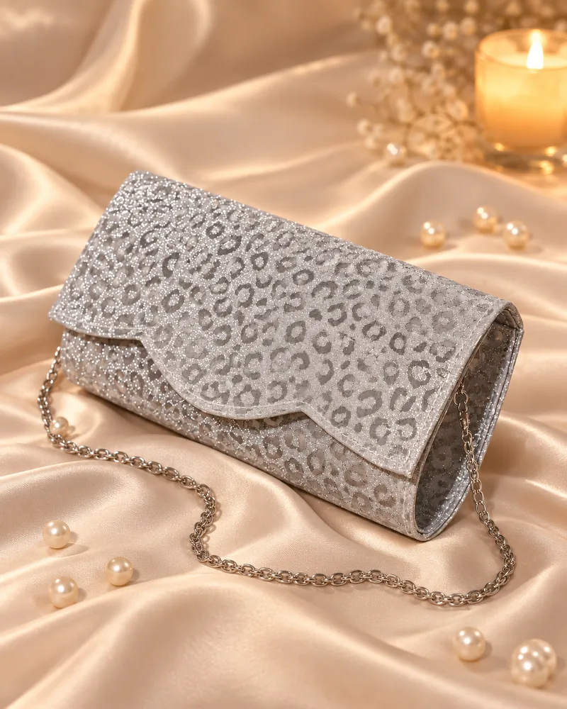 Women's Leopard Glitter Scalloped Flap Evening Clutch with Chain Strap