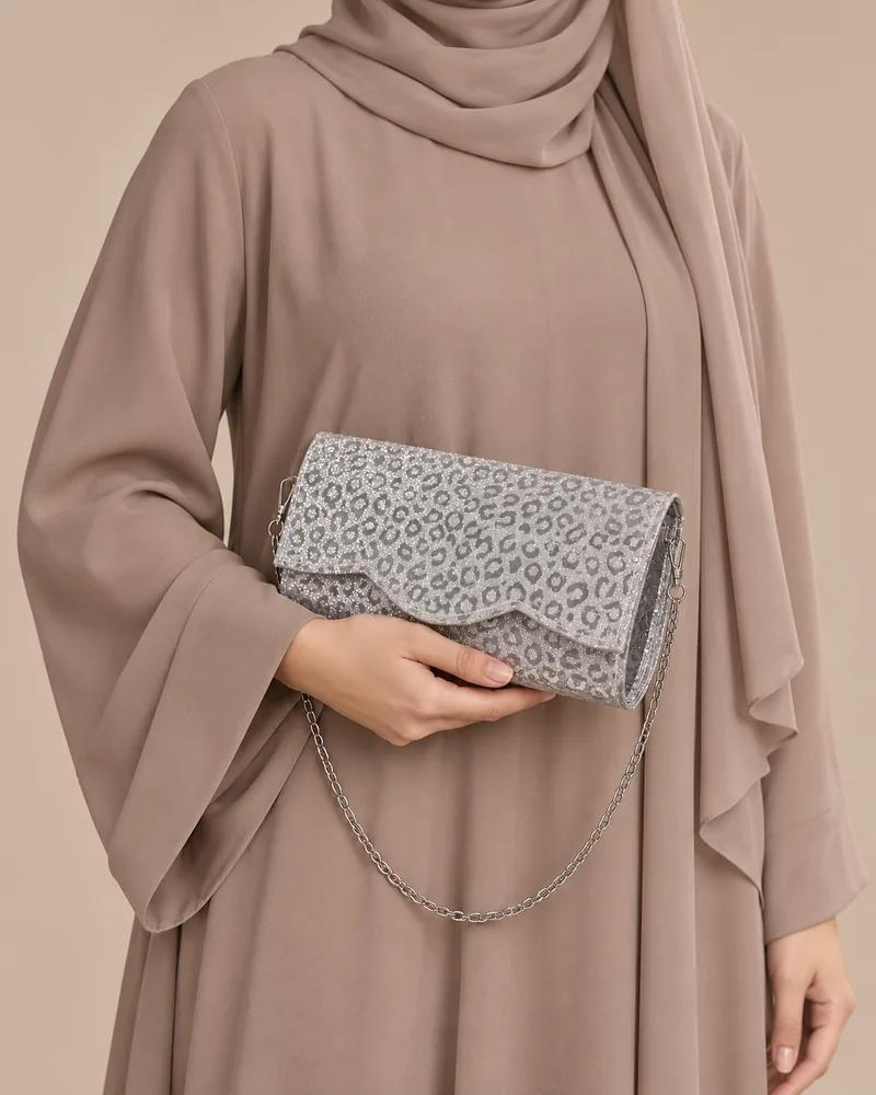 Women's Leopard Glitter Scalloped Flap Evening Clutch with Chain Strap