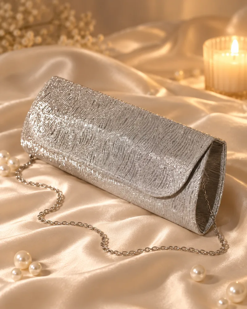 Women's Metallic Crinkle Long Flap Evening Clutch with Chain Strap