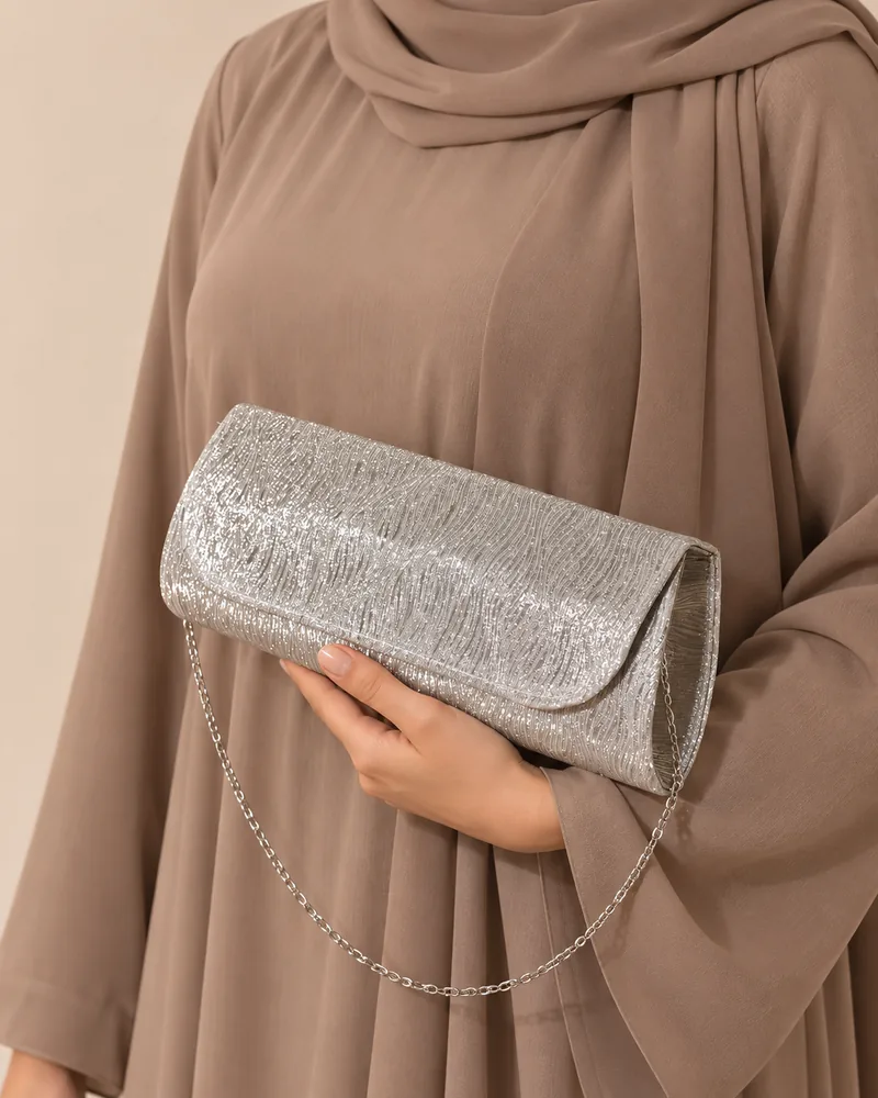 Women's Metallic Crinkle Long Flap Evening Clutch with Chain Strap