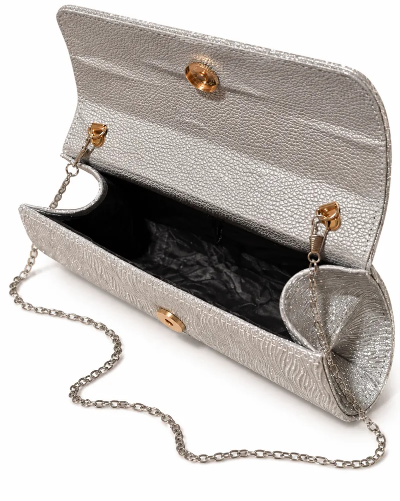 Women's Metallic Crinkle Long Flap Evening Clutch with Chain Strap