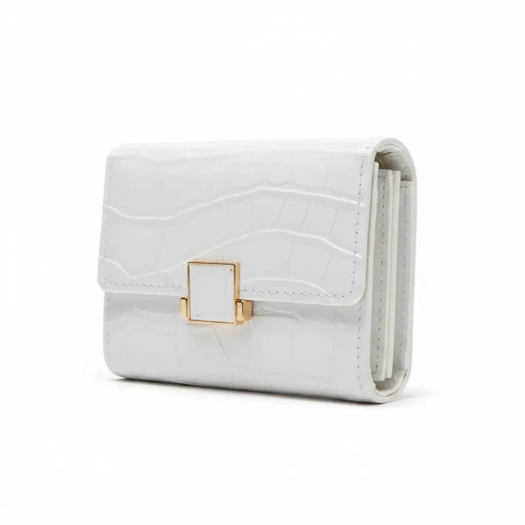 Women’s White Faux Leather Wallet with Croc Embossing and Square Clasp
