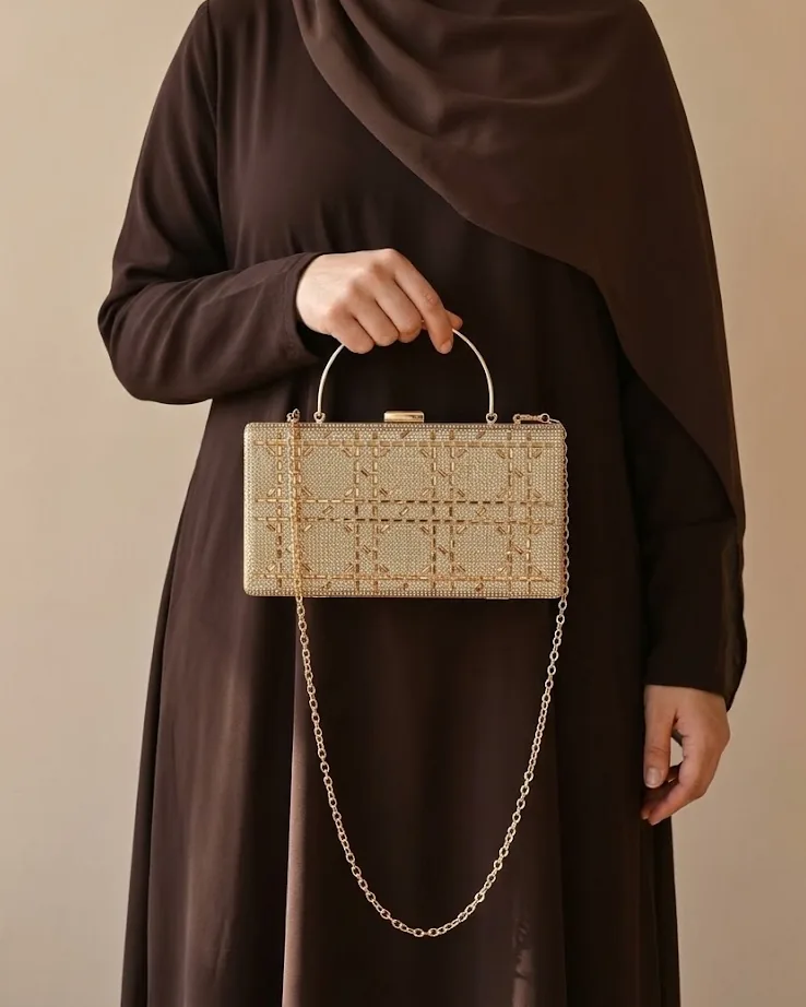 كلاتش سهرة علبة حريمي بالستراس بنقشة شبكة بيد دائرية وسلسلة باللون الذهبي مع موديل