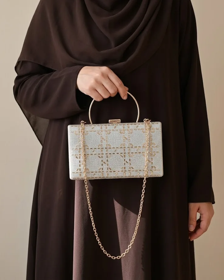 كلاتش سهرة علبة حريمي بالستراس بنقشة شبكة بيد دائرية وسلسلة باللون الفضي مع موديل