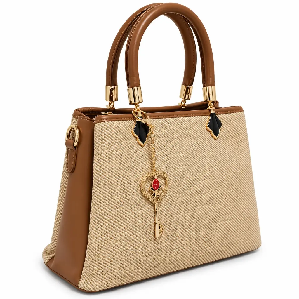 Women's Woven & Faux Leather Hand and Shoulder Bag with Key Charm on a Chain