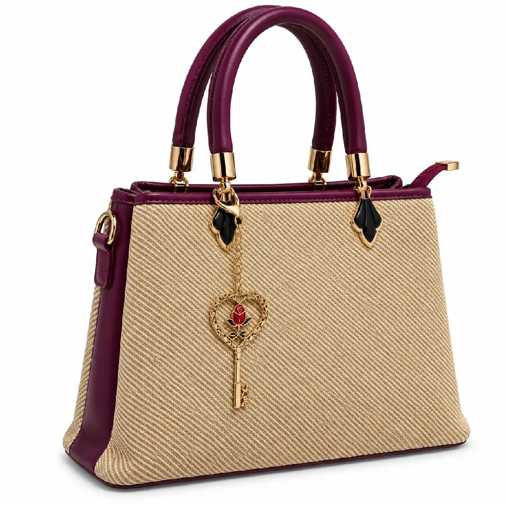 Women's Woven & Faux Leather Hand and Shoulder Bag with Key Charm on a Chain