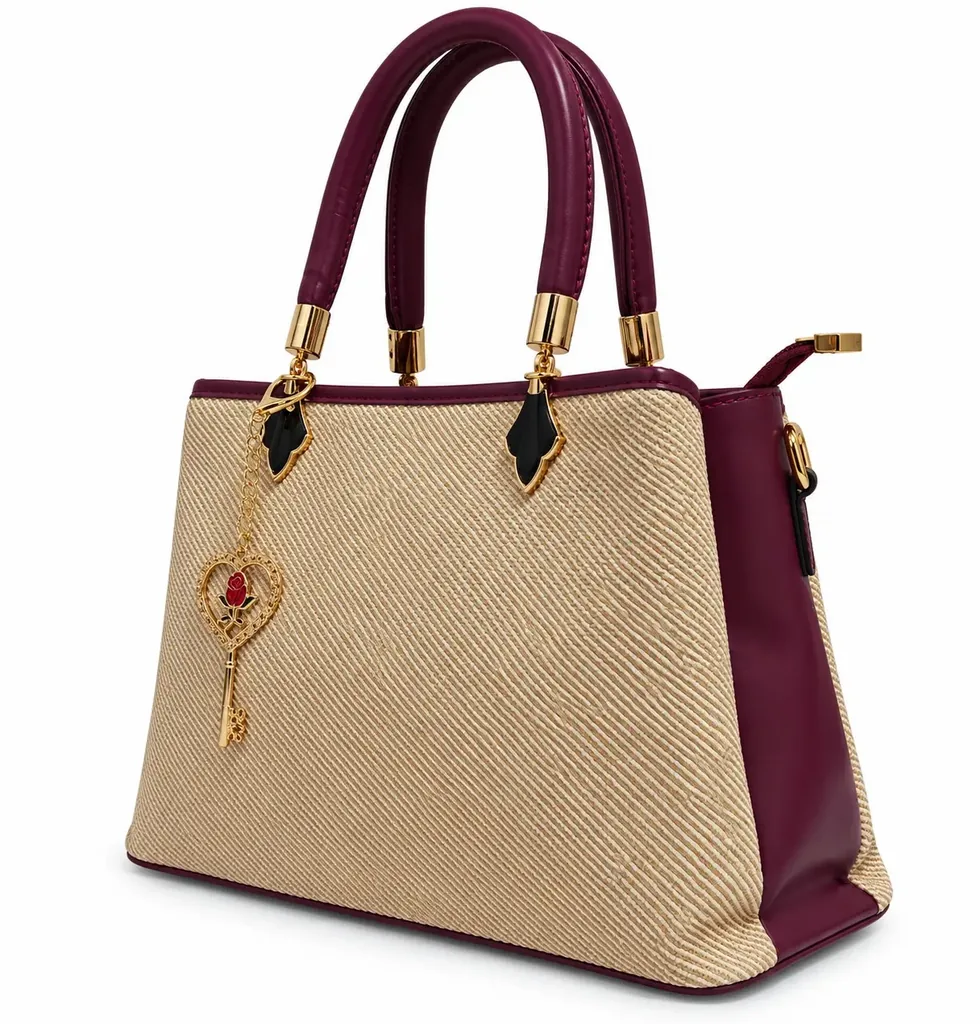 Women's Woven & Faux Leather Hand and Shoulder Bag with Key Charm on a Chain
