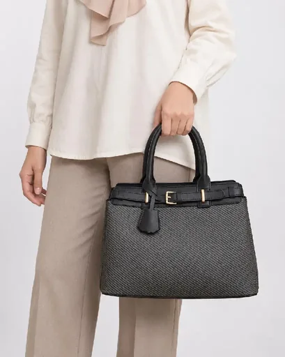 Women's Woven & Faux Leather Hand and Shoulder Bag with Front Belt Detail