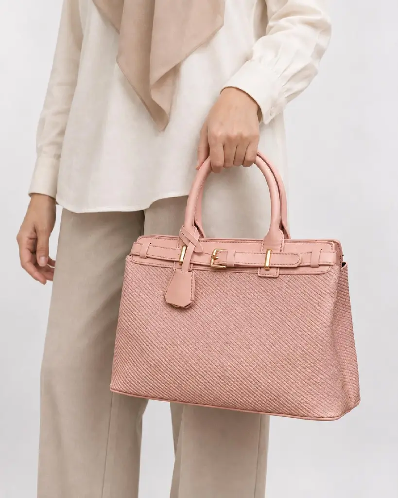 Women's Woven & Faux Leather Hand and Shoulder Bag with Front Belt Detail