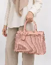 Women's Woven & Faux Leather Hand and Shoulder Bag with Front Belt Detail