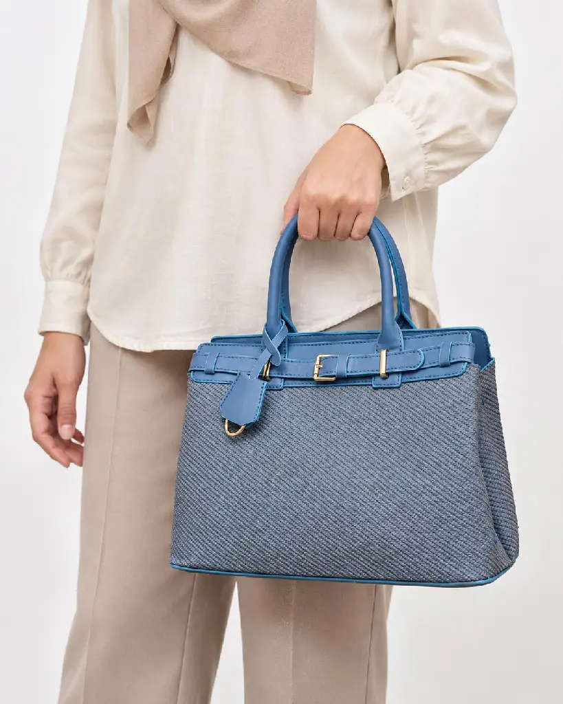 Women's Woven & Faux Leather Hand and Shoulder Bag with Front Belt Detail