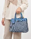 Women's Woven & Faux Leather Hand and Shoulder Bag with Front Belt Detail