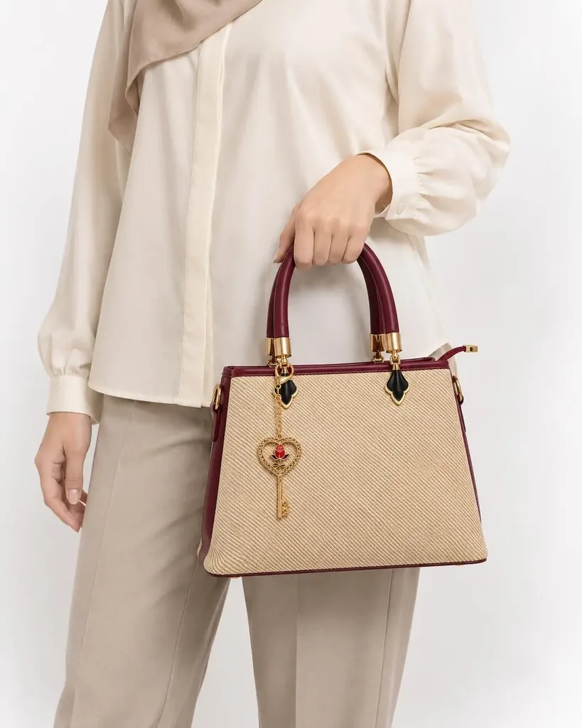 Women's Woven & Faux Leather Hand and Shoulder Bag with Key Charm on a Chain
